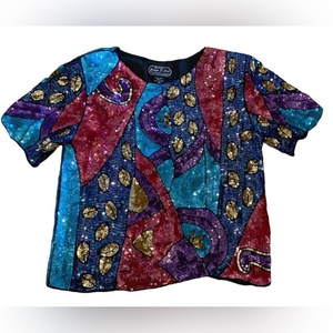 RARE VINTAGE 80s Joseph Le Bon 100% Pure Silk Sequined S/S Blouse Women's Size M